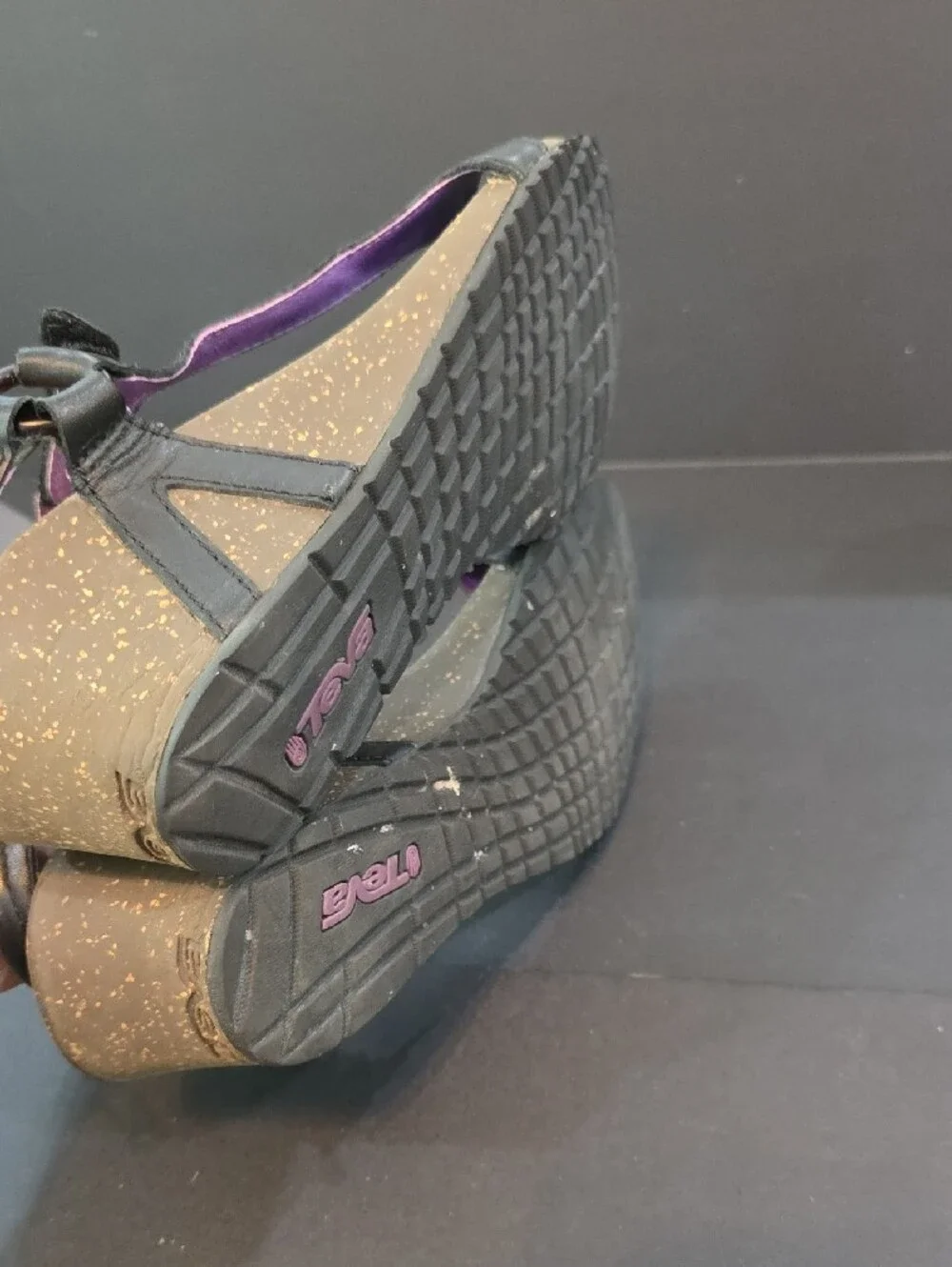Teva Cabrillo Women's Black Wedge Sandals with Purple Lining Size 10